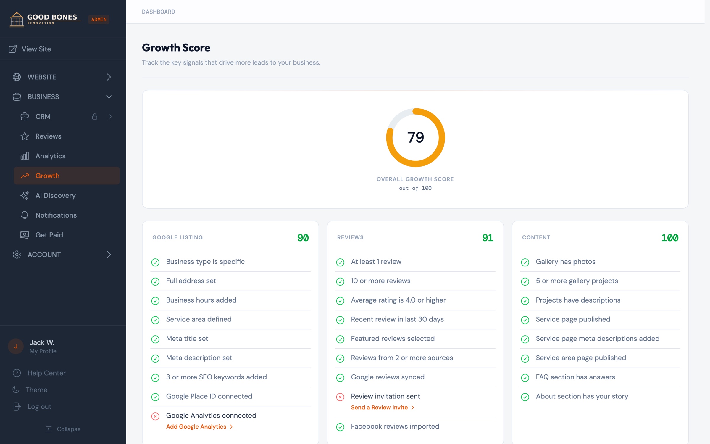 ContractorLink Growth Score dashboard