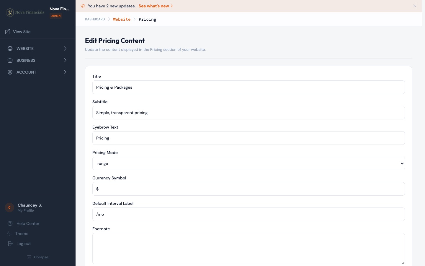 ContractorLink pricing section editor
