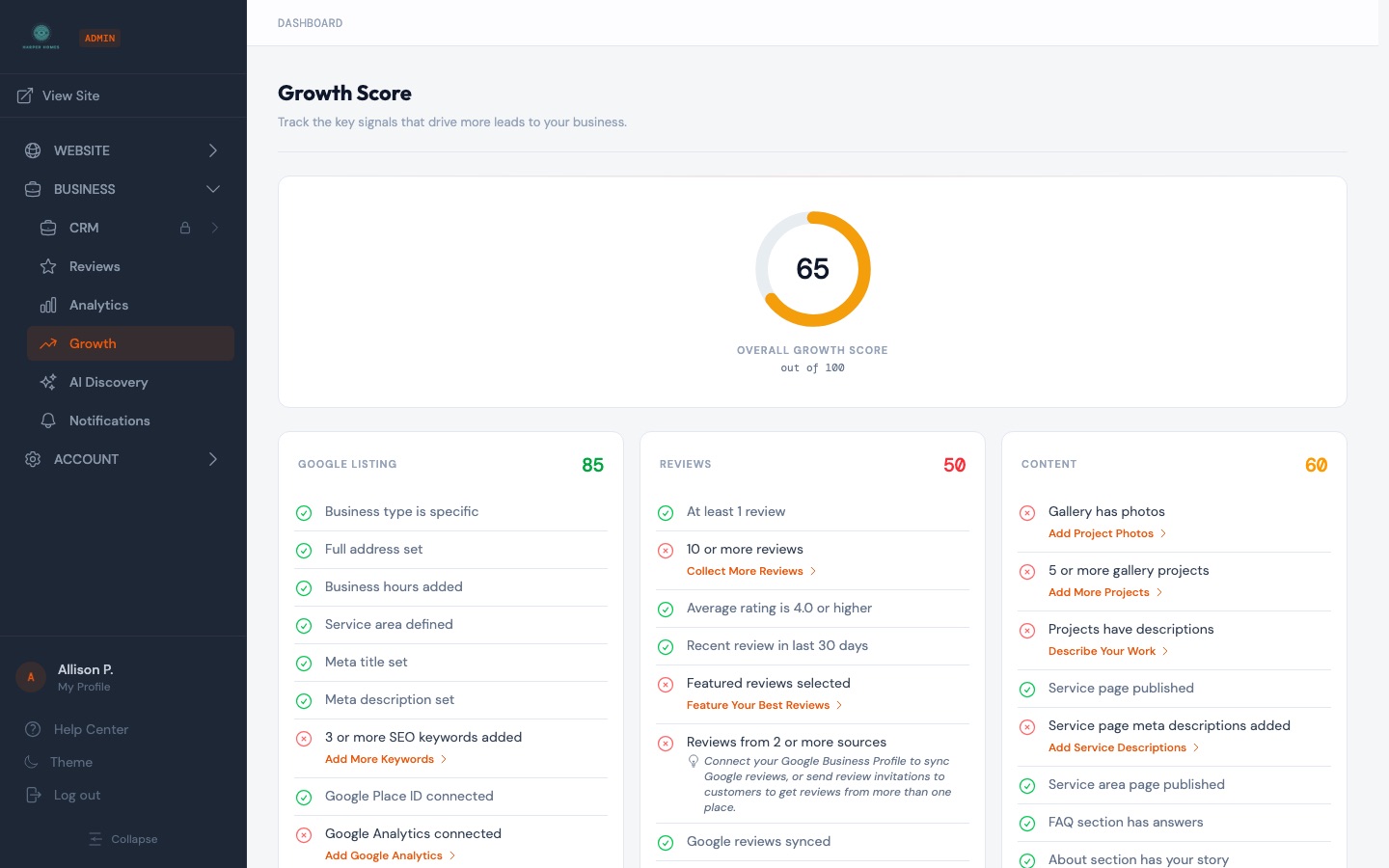 ContractorLink Growth Score dashboard
